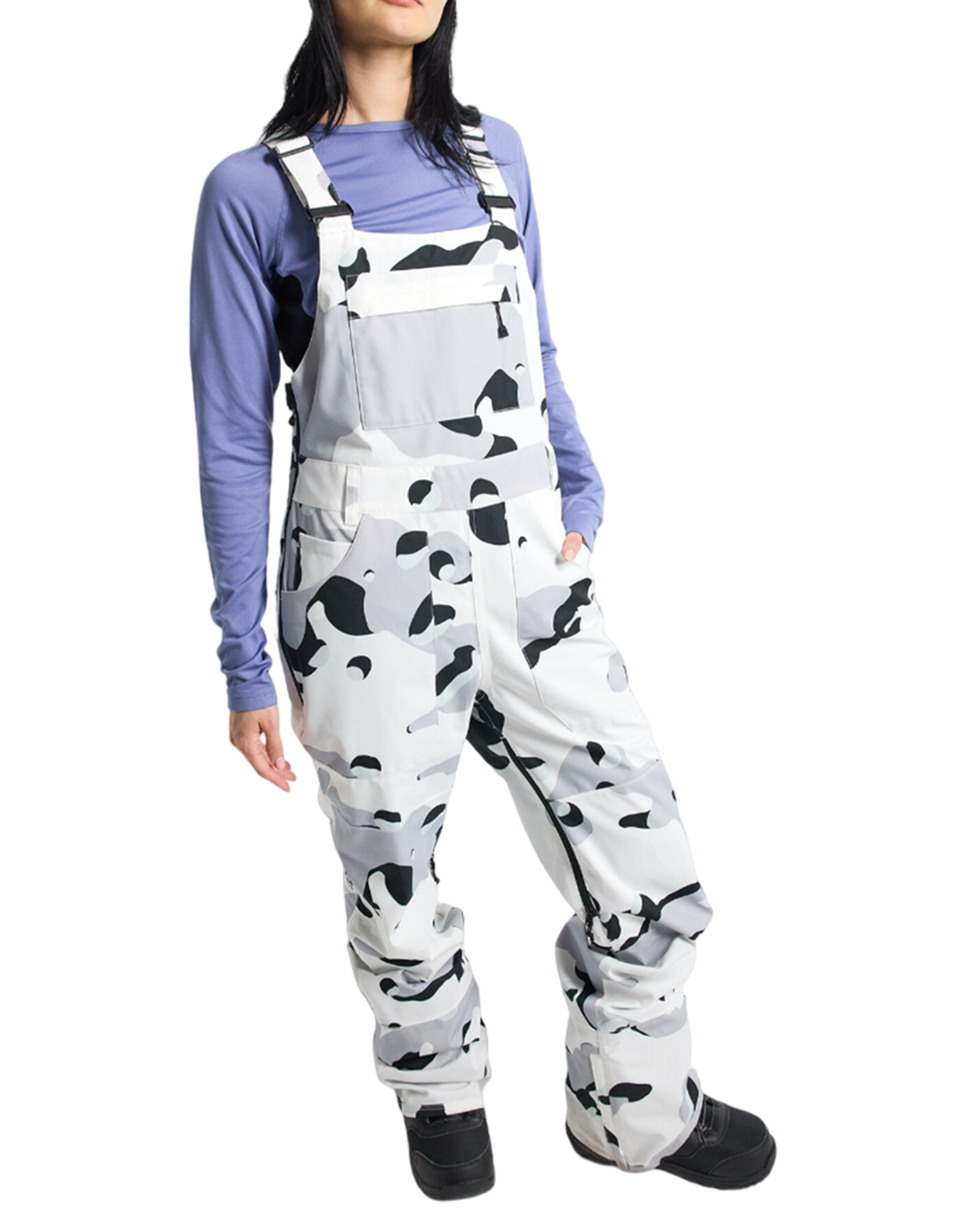 Burton Women's Avalon Stretch 2L Bib Snow Pants - Stout White Cookie Camo Snow Bibs - Trojan Wake Ski Snow