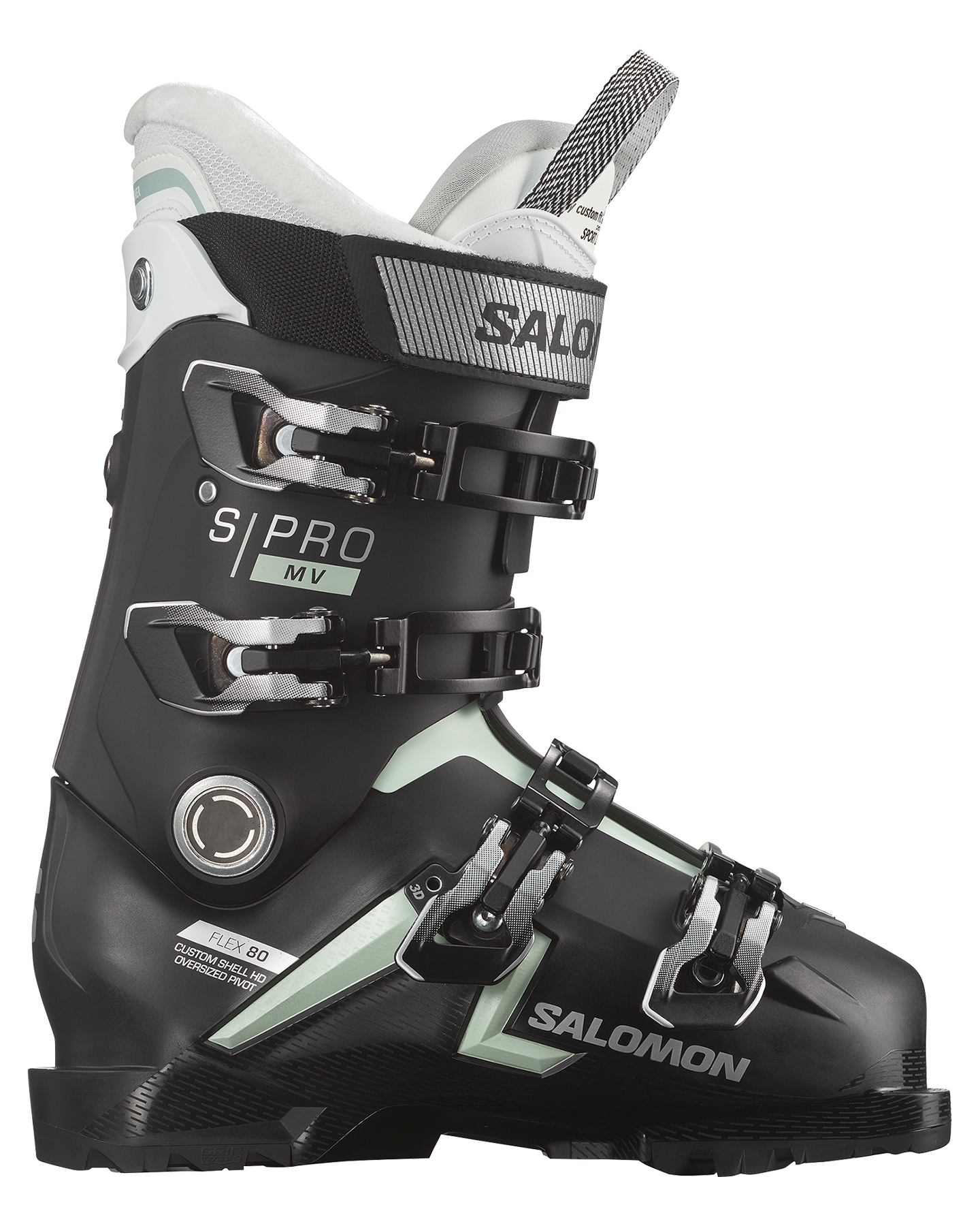 Salomon Pro Mv 80 Cs Women's Snow Boots - Black/White Moss/Silver Metallic Snow Ski Boots - Trojan Wake Ski Snow