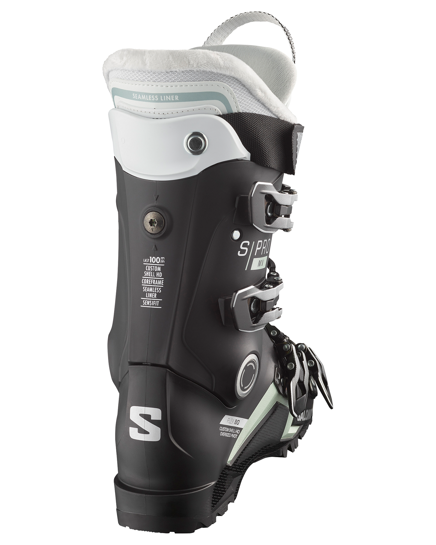 Salomon Pro Mv 80 Cs Women's Snow Boots - Black/White Moss/Silver Metallic Snow Ski Boots - Trojan Wake Ski Snow