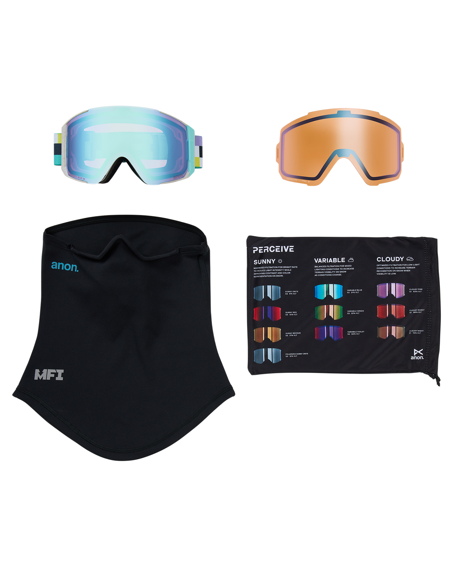 Anon Sync Snow Goggles + Bonus Lens + MFI® Face Mask - Pixel/Perceive Variable Blue Unisex Snow Goggles - Trojan Wake Ski Snow