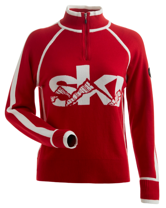 Nils Women's Ski 1/4 Zip Sweater - Red/White Women's Sweaters - Trojan Wake Ski Snow