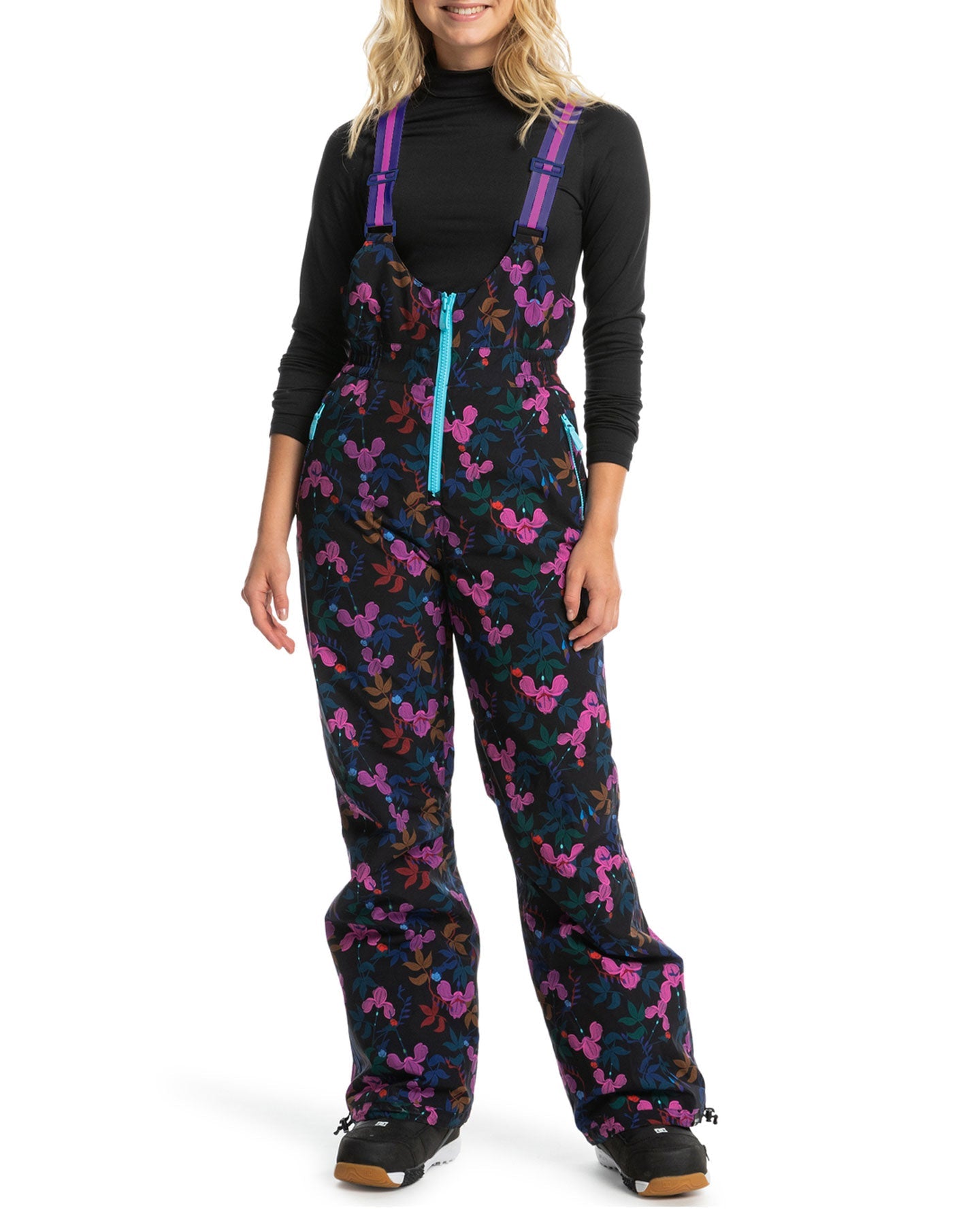 Roxy X Rowley Women's Insulated Technical Snow Bib Pants - True Black / Darkreds Floral Snow Bibs - Trojan Wake Ski Snow