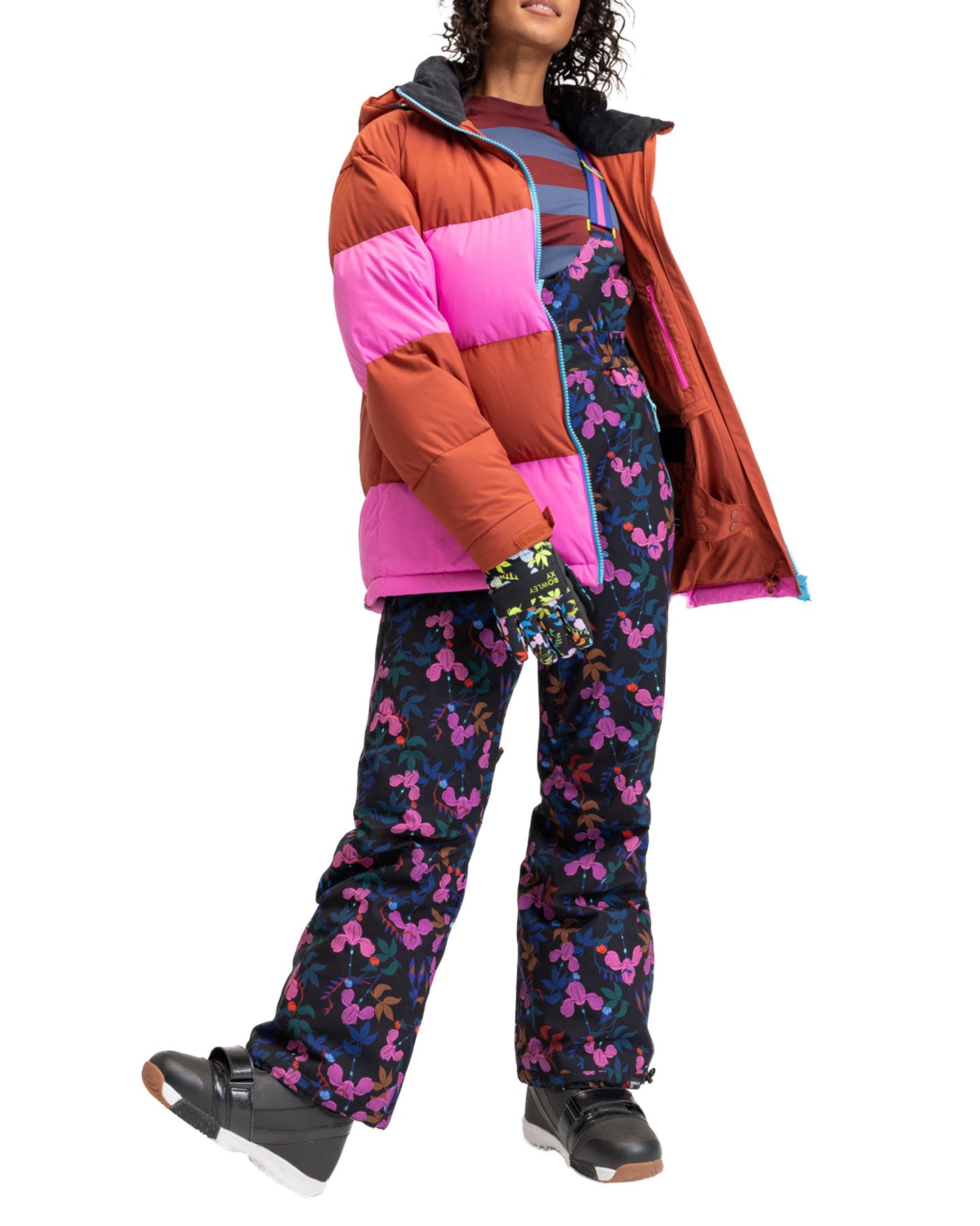 Roxy X Rowley Women's Insulated Technical Snow Bib Pants - True Black / Darkreds Floral Snow Bibs - Trojan Wake Ski Snow